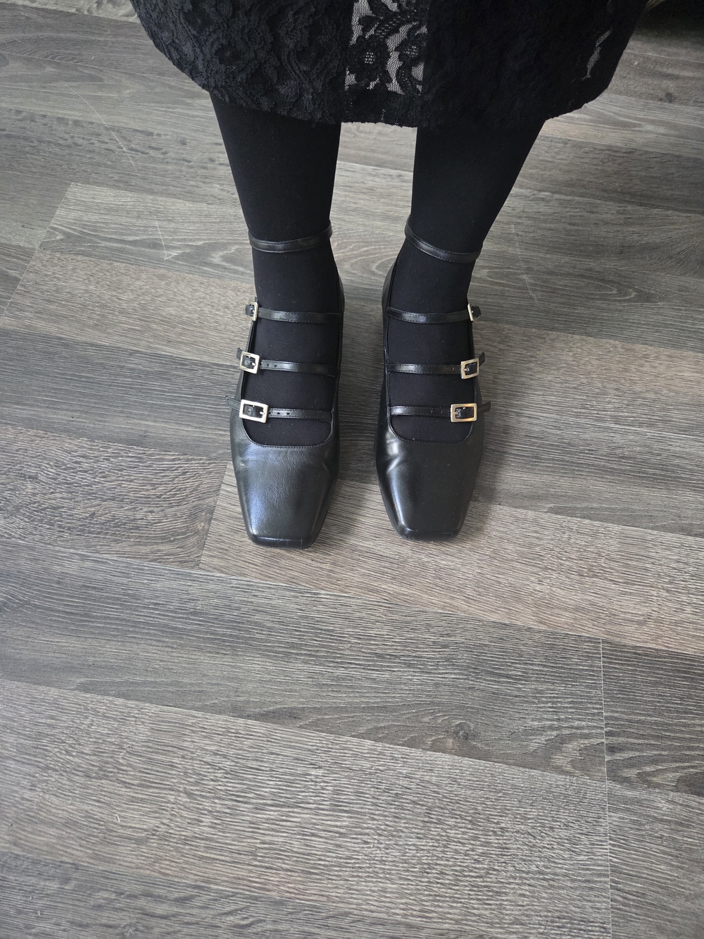 ALOHAS Black Triple-Strap Square-Toe Mary Jane Flats